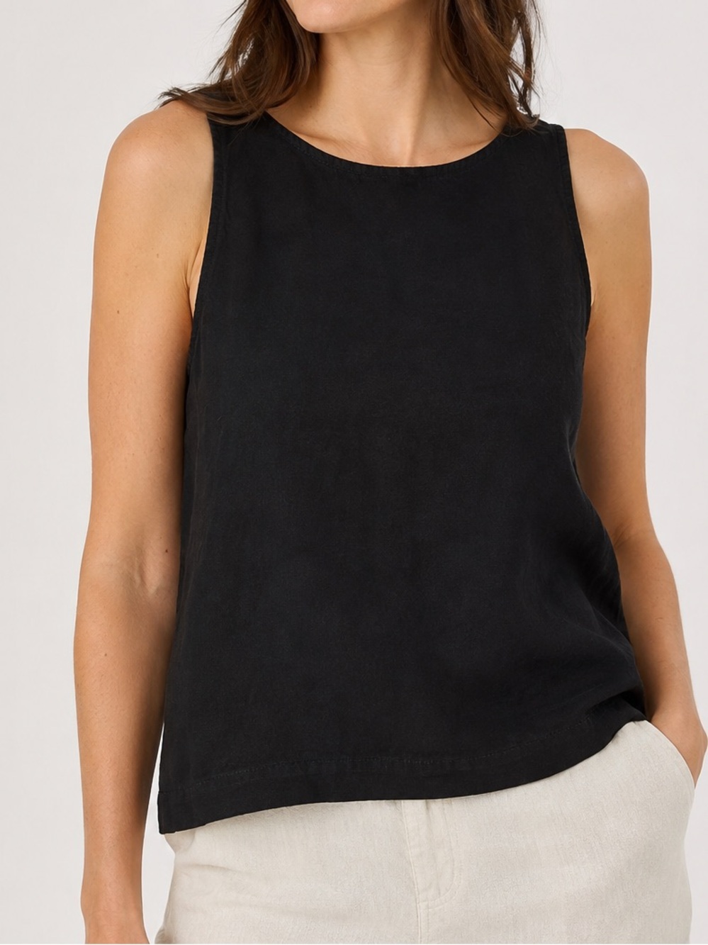 Gap Tall Black Linen Blend Sleeveless Shell Tank Top Large Button Back